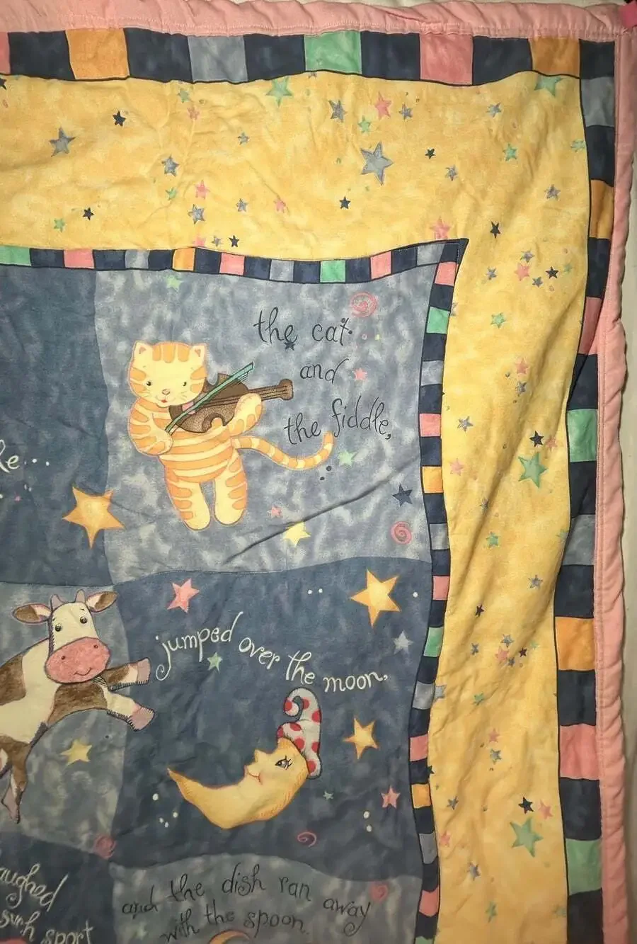 Mother Goose Rhyme Hey Diddle Diddle Pastel Quilt Top Pink Reverse Panel crib